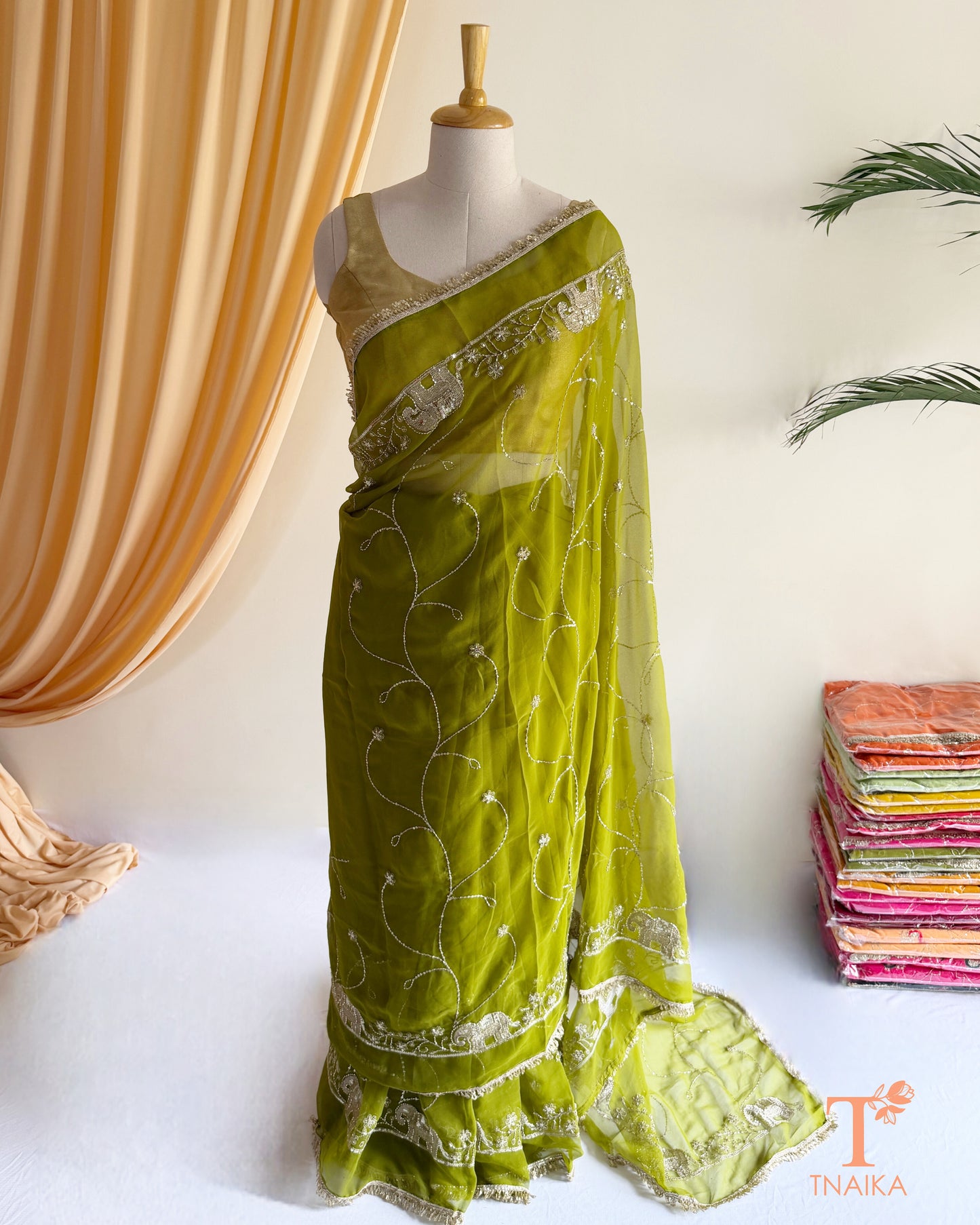 Traditional Rajputi inspired embroidered georgette saree for festive occasions