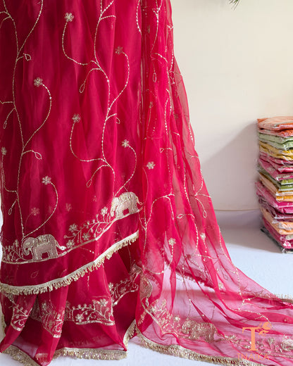 Soft georgette saree featuring elephant motifs and decorative lace border