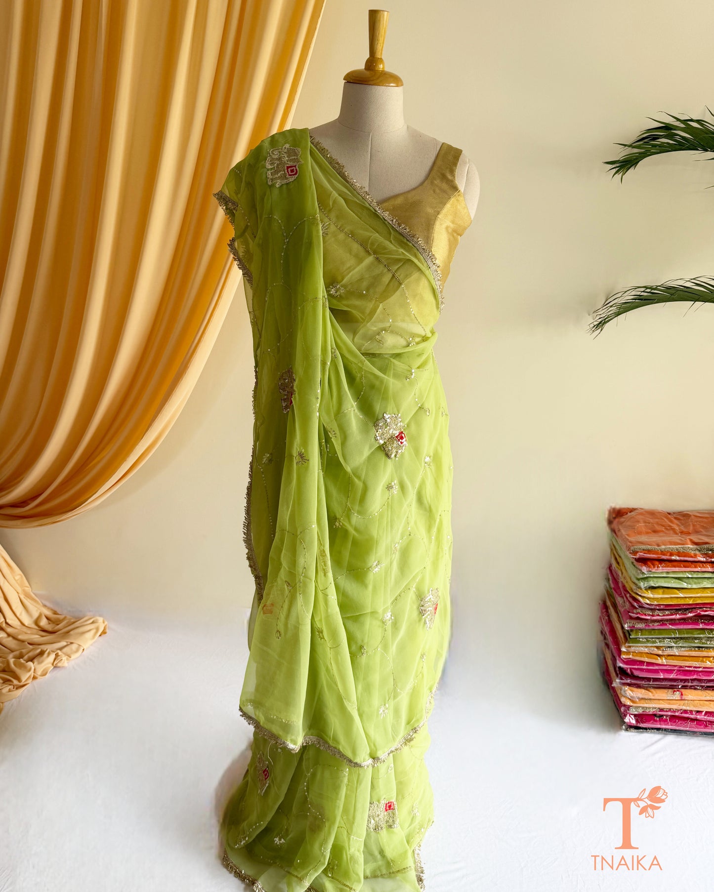 Lightweight embroidered georgette saree with lace border detailing