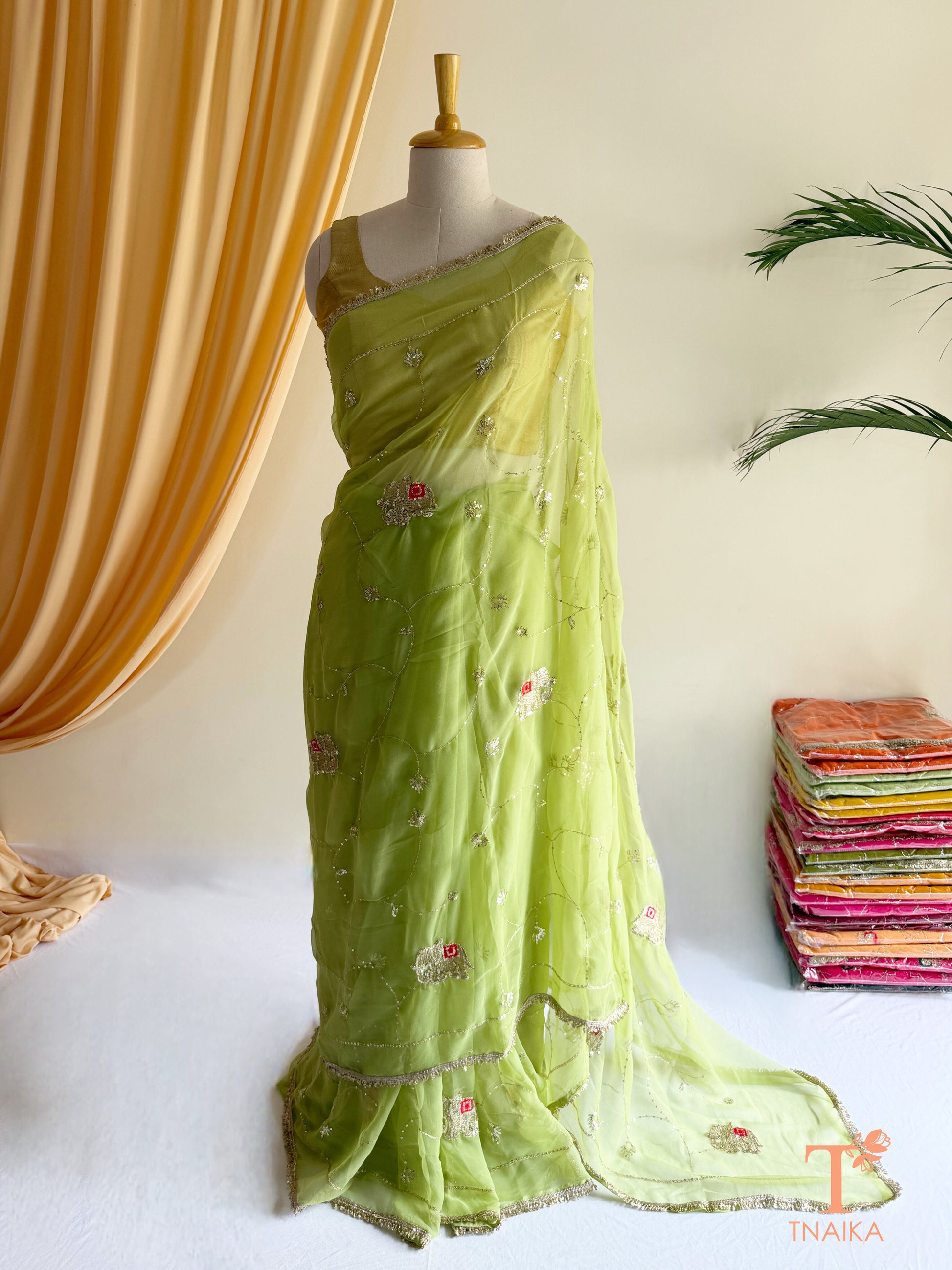 Rajputi style georgette saree with delicate cut dana and sequin embroidery