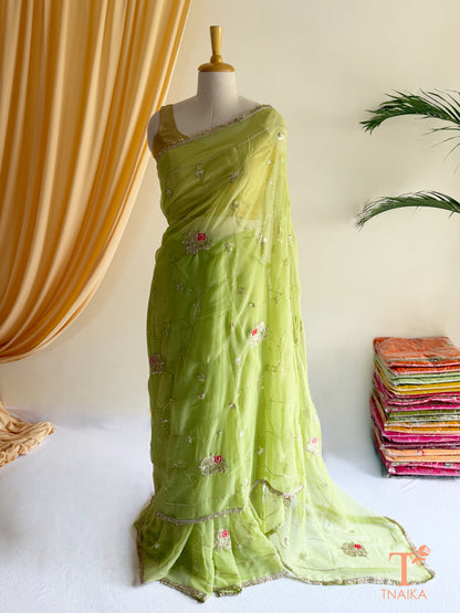 Rajputi style georgette saree with delicate cut dana and sequin embroidery