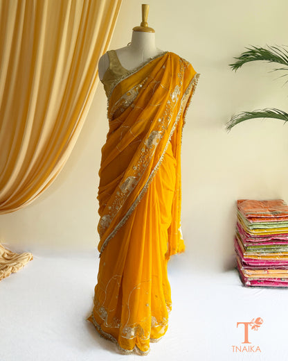 Traditional Rajputi inspired embroidered georgette saree for festive occasions