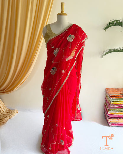 Lightweight embroidered georgette saree with lace border detailing