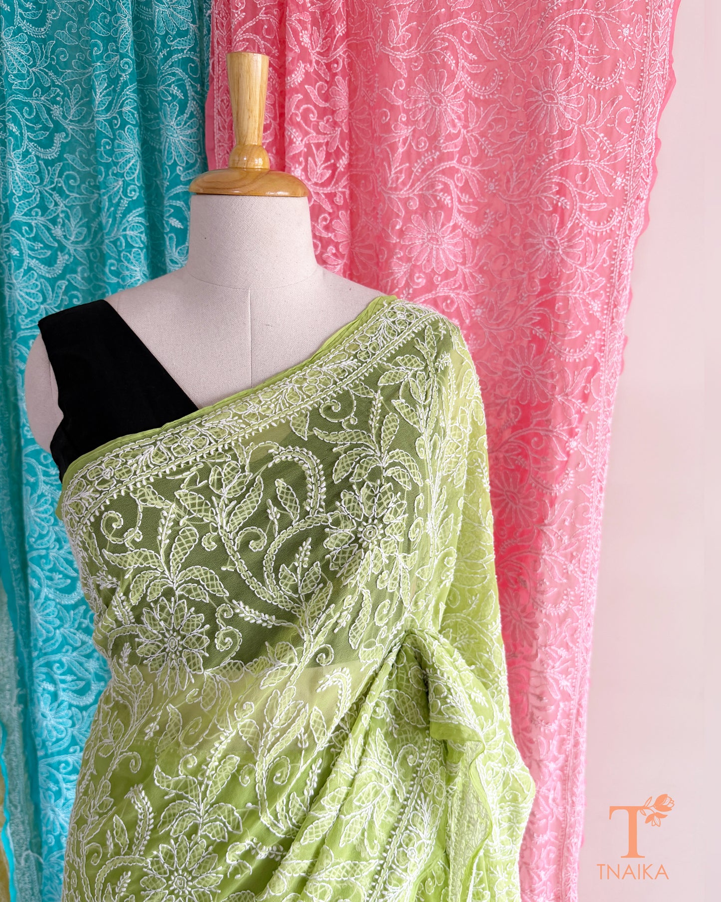 Traditional Chikankari saree with detailed floral embroidery and graceful finish.