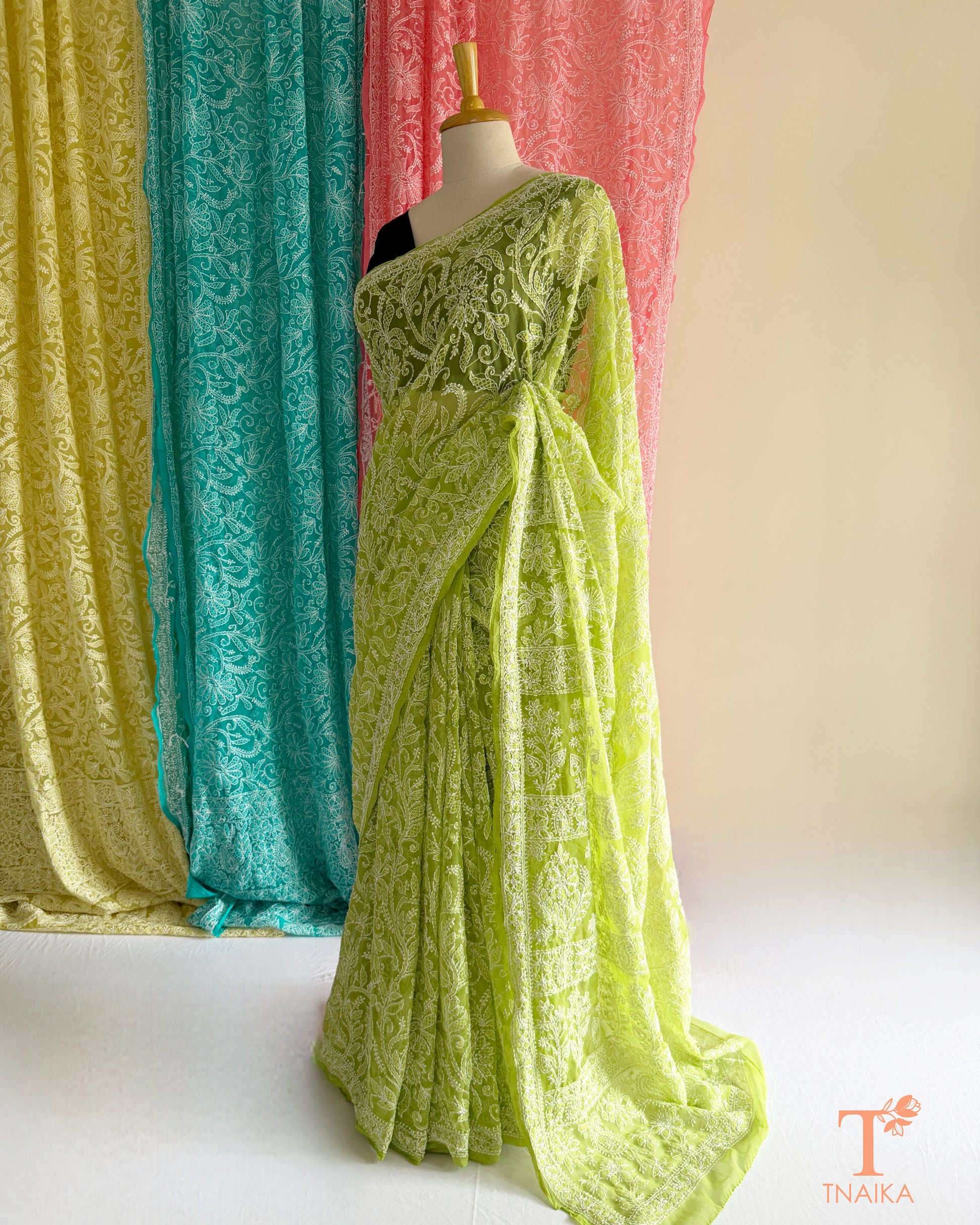 Premium Chikankari saree showcasing traditional embroidery and refined craftsmanship.