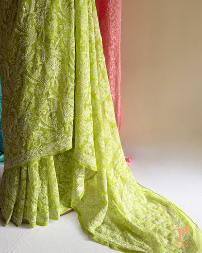Soft Chikankari embroidered saree with timeless handcrafted detailing.