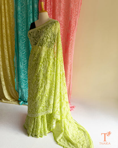 Premium Lucknowi Chikankari saree featuring delicate hand embroidery.