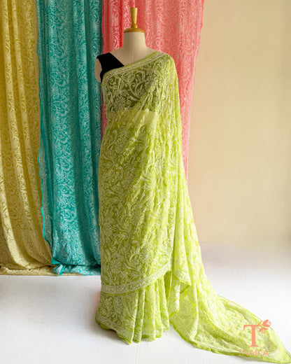 Elegant Lucknowi Chikankari saree perfect for festive occasions, celebrations, and gatherings.