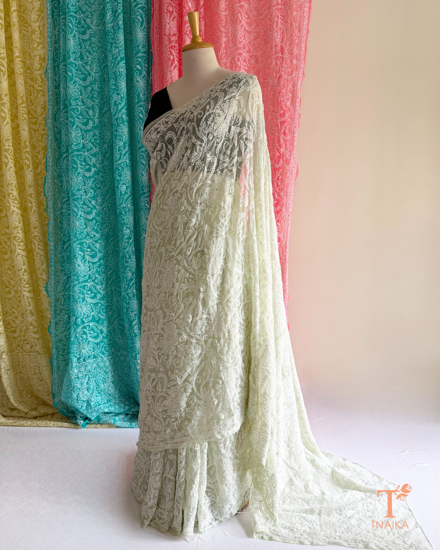 Elegant Chikankari embroidered saree crafted on soft, lightweight fabric.