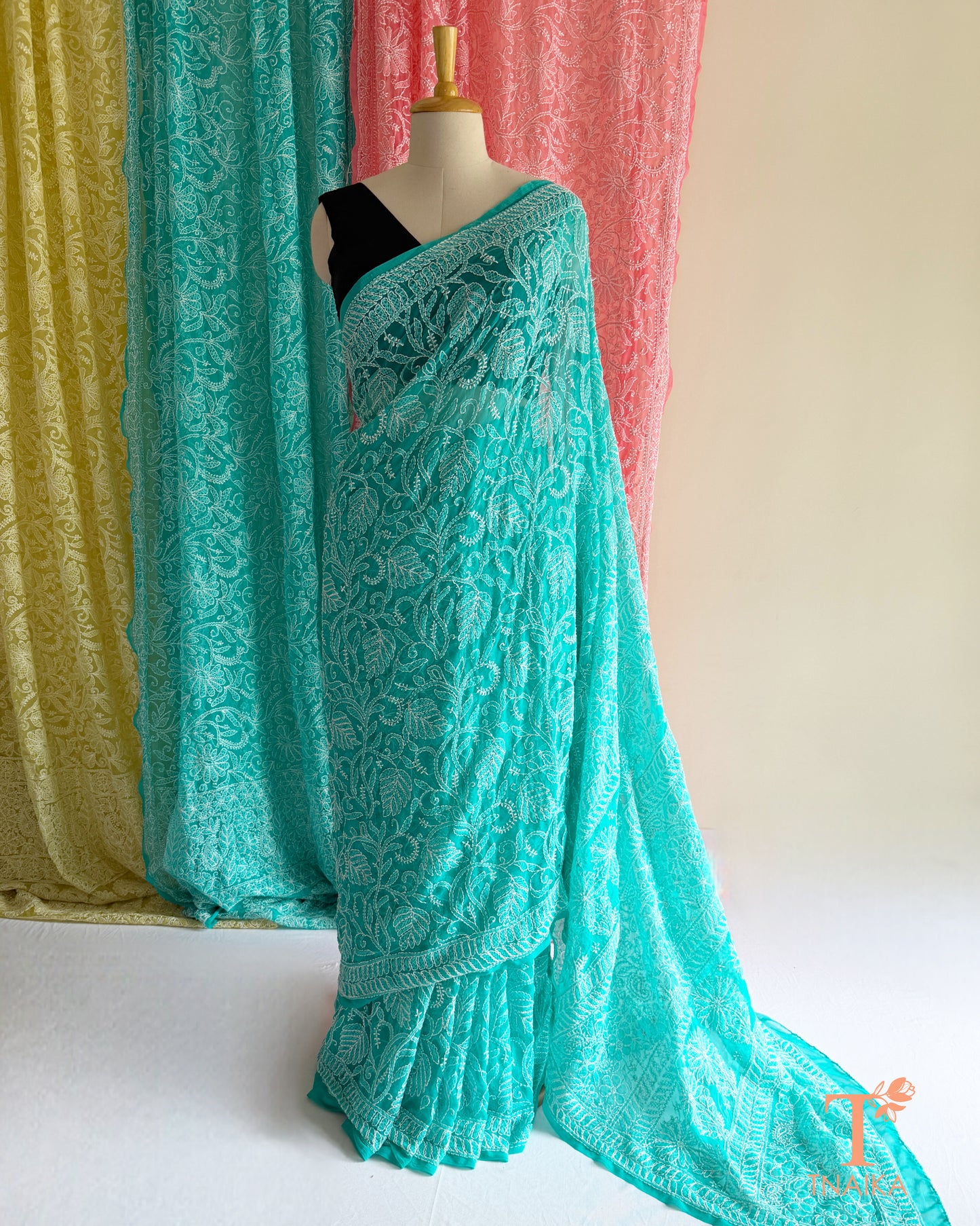 Authentic Chikankari embroidered saree with intricate craftsmanship and elegant appeal.