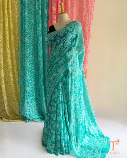 Elegant full jaal embroidered Chikankari saree with handcrafted detailing.
