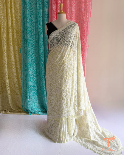 Full jaal Chikankari saree with intricate Lucknowi embroidery on soft fabric.