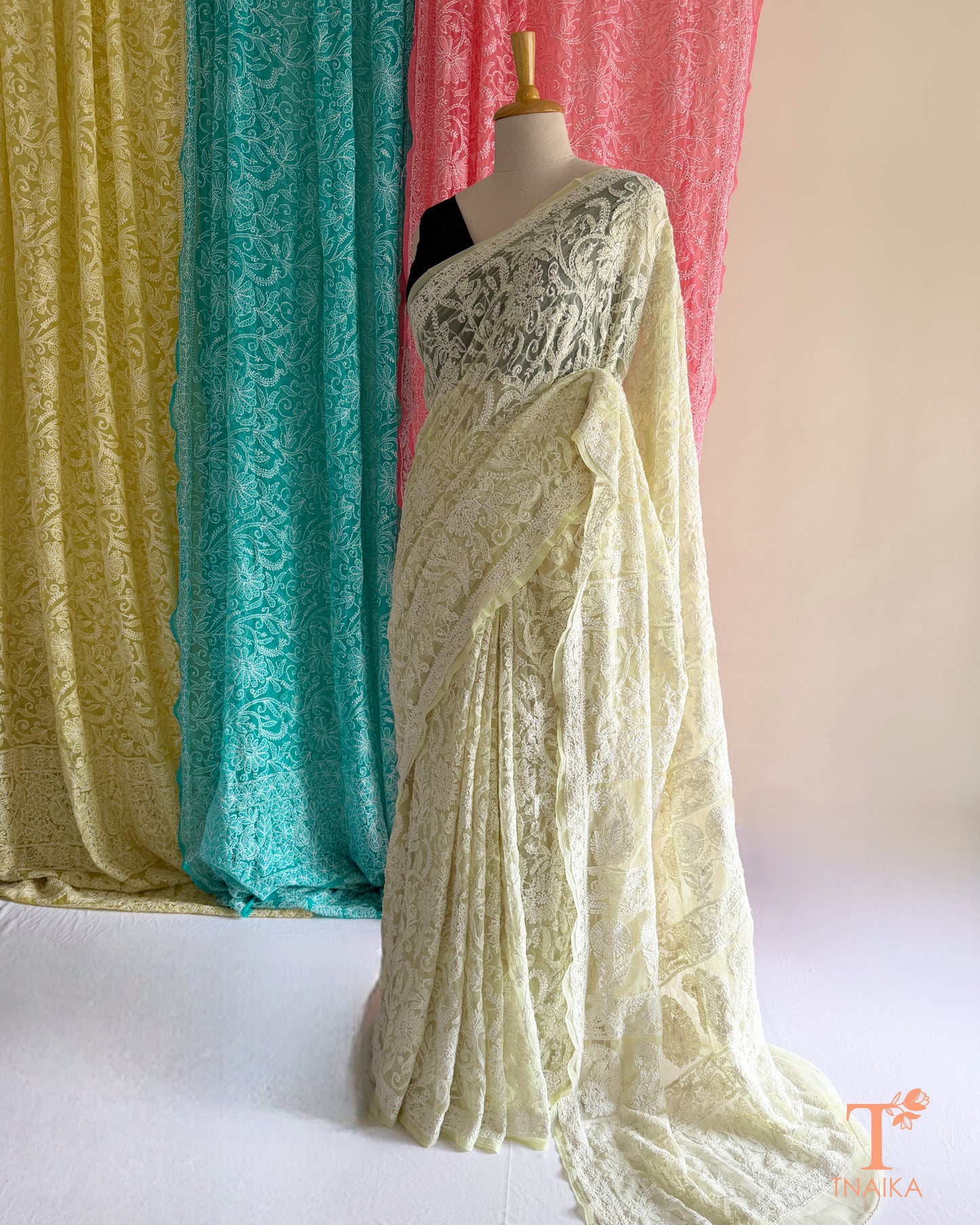 Lightweight full jaal Chikankari saree with intricate floral embroidery.