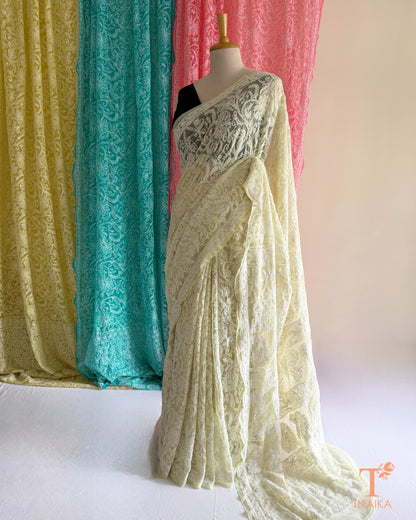 Lightweight full jaal Chikankari saree with intricate floral embroidery.