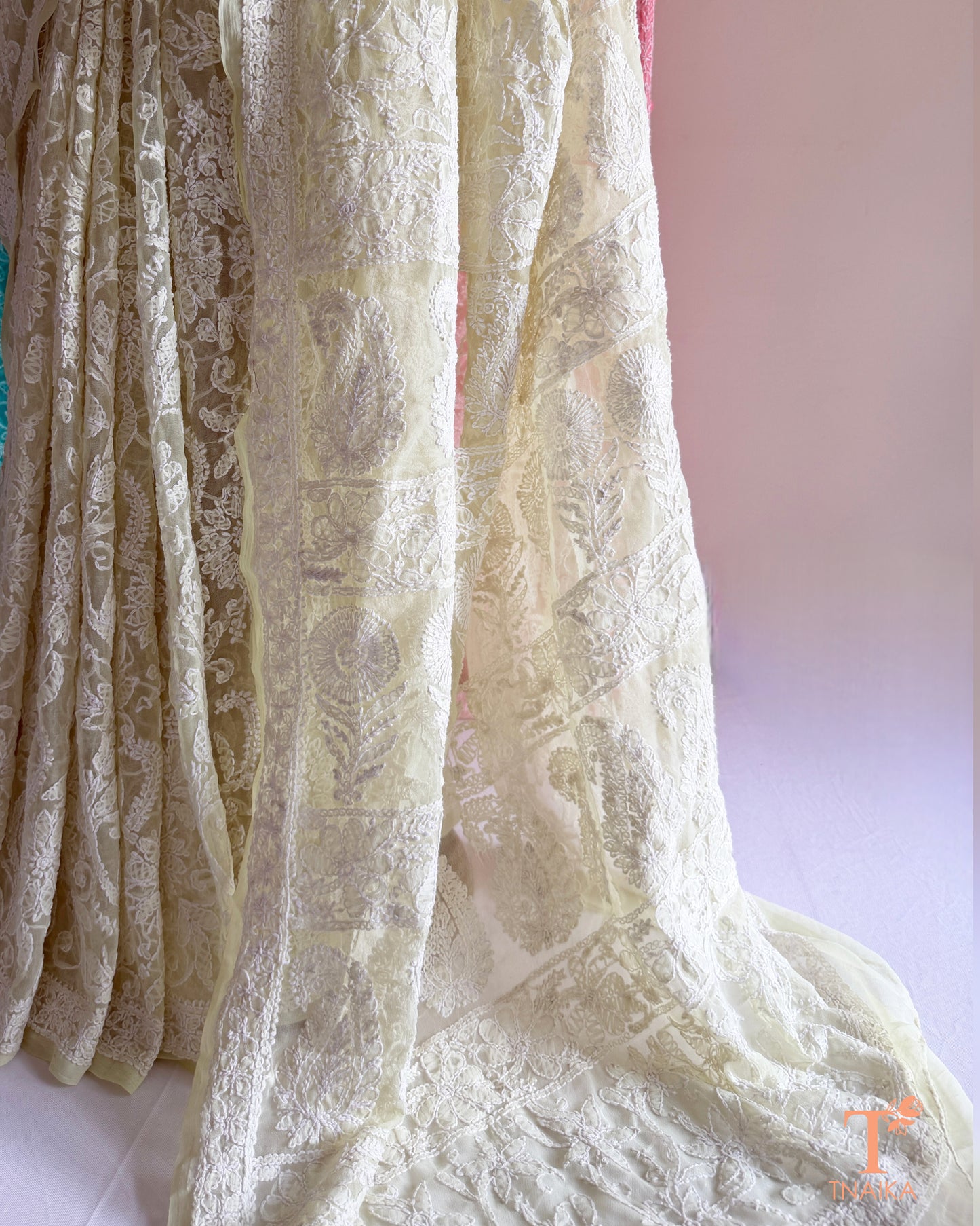 Handcrafted full jaal Lucknowi Chikankari saree for festive and ethnic wear.