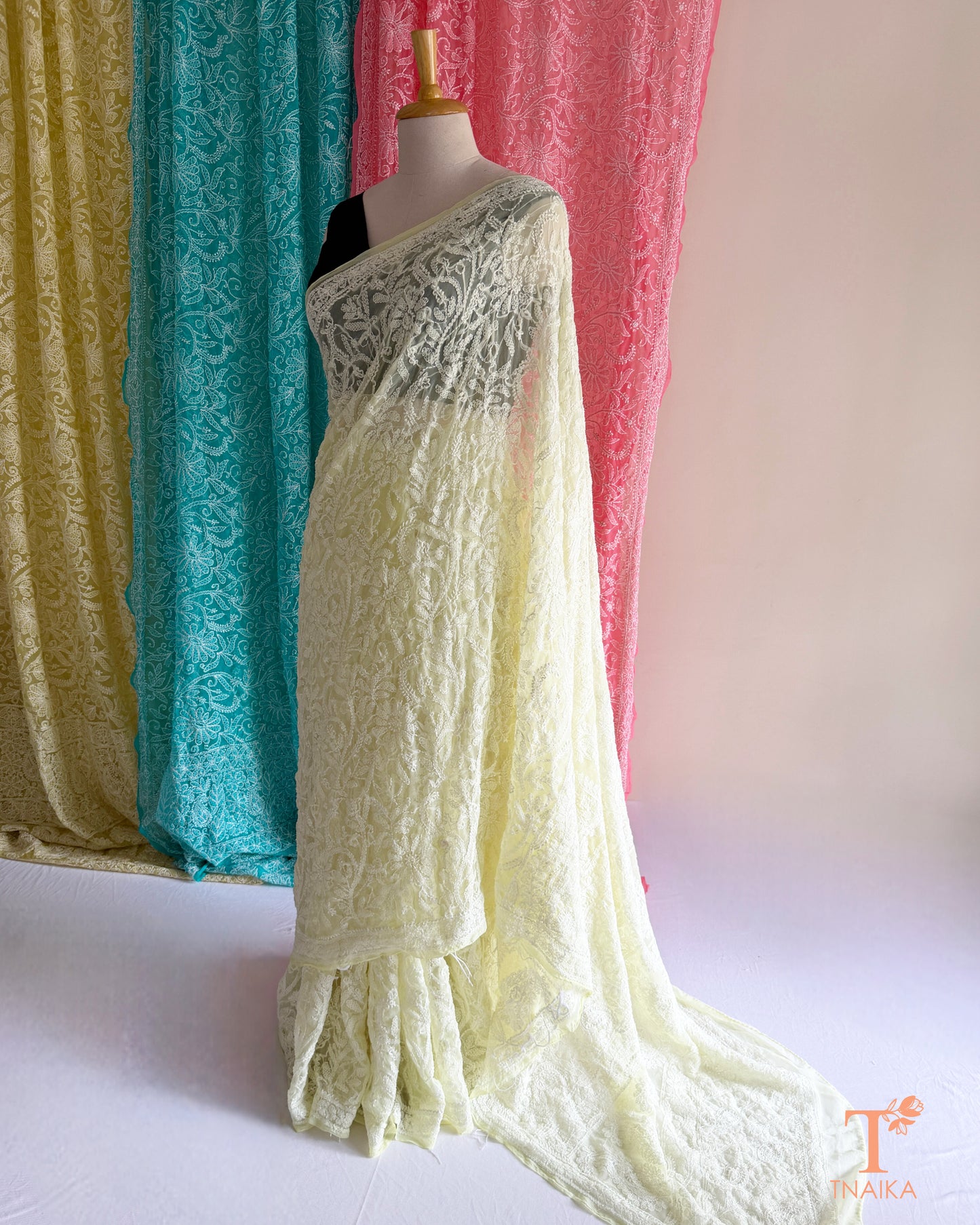 Premium Chikankari full jaal saree featuring dense traditional embroidery.
