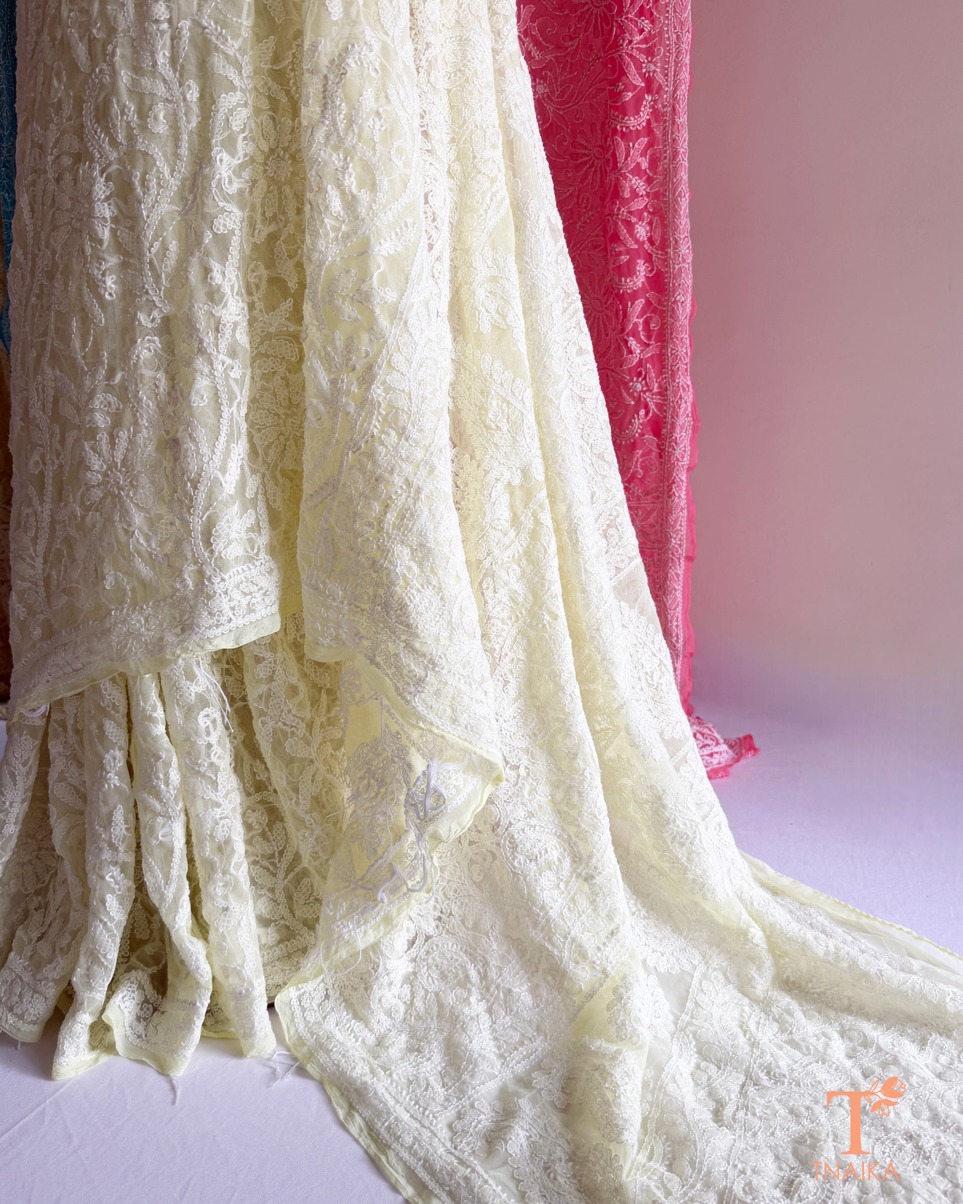 Lightweight full jaal Chikankari saree with intricate floral embroidery.