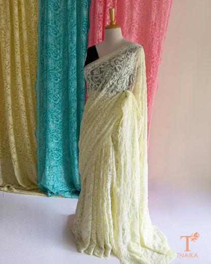 Soft Chikankari embroidered saree with timeless handcrafted detailing.