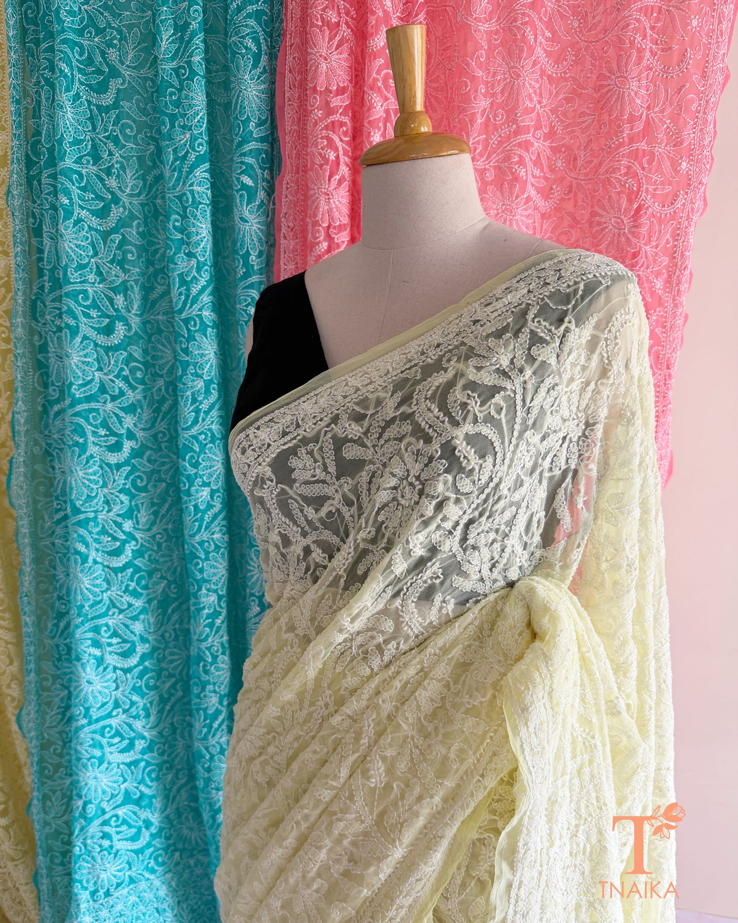 Elegant Chikankari embroidered saree crafted on soft, lightweight fabric.