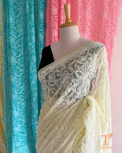 Elegant Chikankari embroidered saree crafted on soft, lightweight fabric.