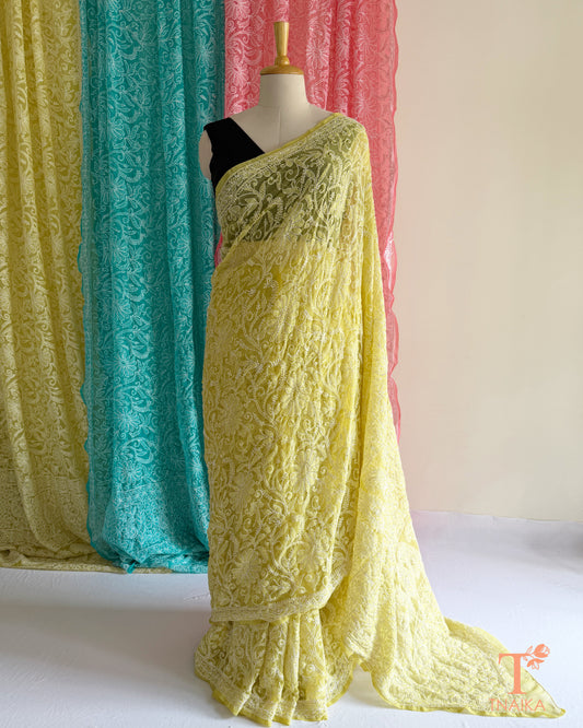 Full jaal Chikankari saree with intricate Lucknowi embroidery on soft fabric.