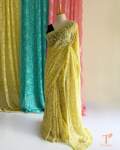 Lightweight full jaal Chikankari saree with intricate floral embroidery.