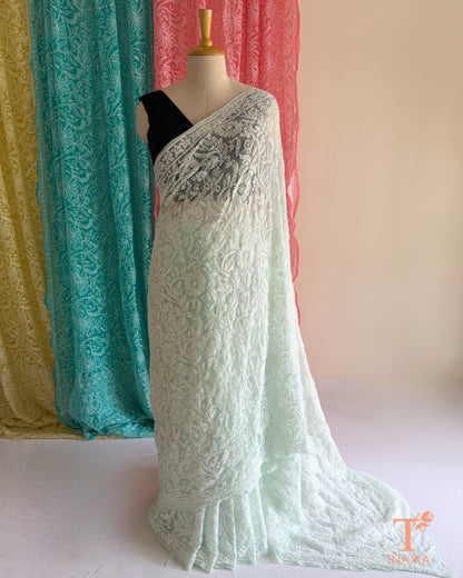 Full jaal Chikankari saree with intricate Lucknowi embroidery on soft fabric.