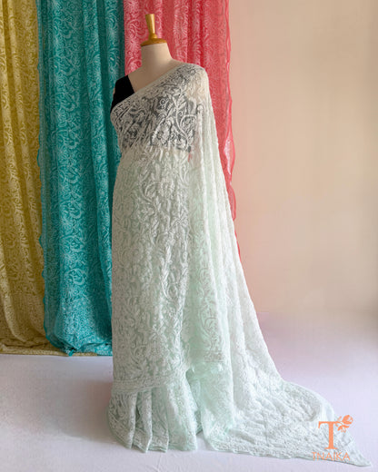 Lightweight full jaal Chikankari saree with intricate floral embroidery.