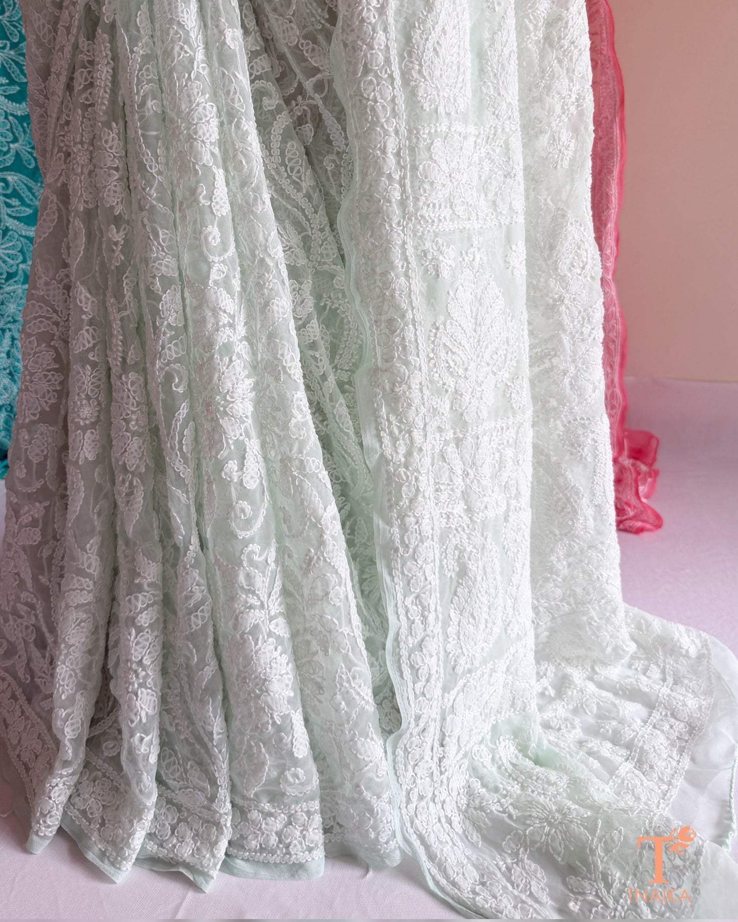 Handcrafted full jaal Lucknowi Chikankari saree for festive and ethnic wear.