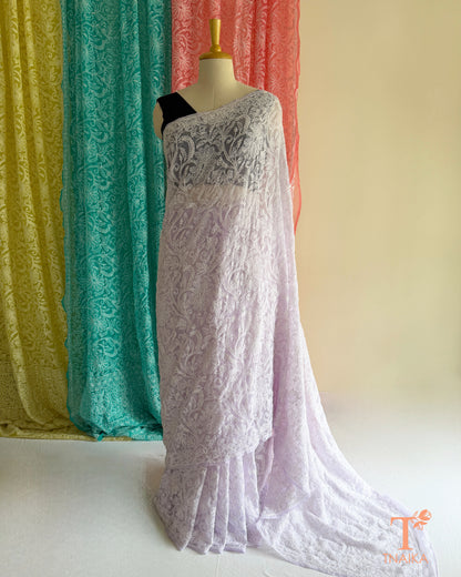 Handcrafted full jaal Lucknowi Chikankari saree for festive and ethnic wear.