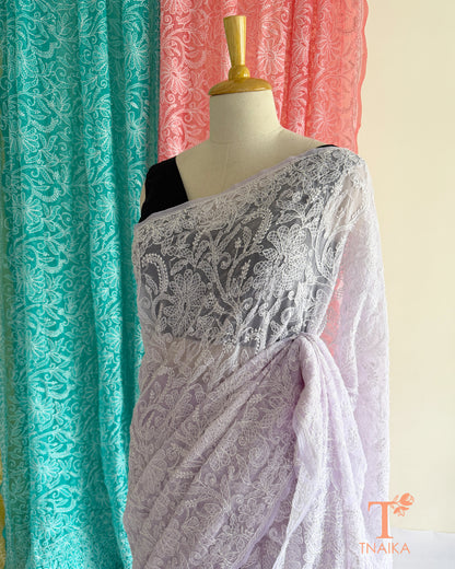 Premium Chikankari saree showcasing traditional embroidery and refined craftsmanship.
