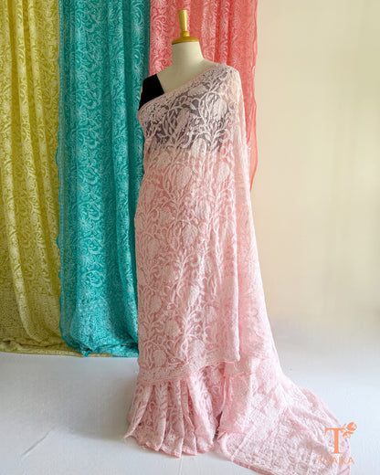 Full jaal Chikankari saree with intricate Lucknowi embroidery on soft fabric.