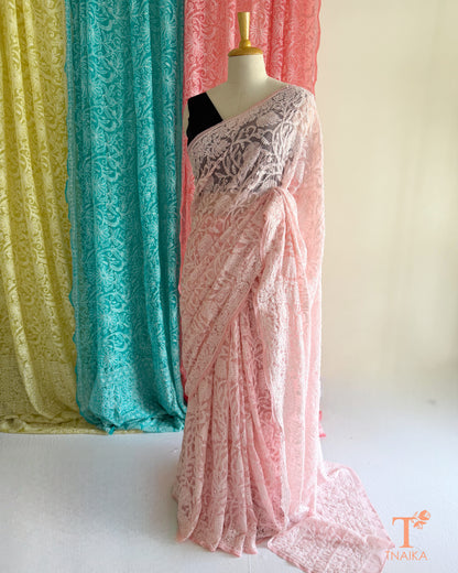 Lightweight full jaal Chikankari saree with intricate floral embroidery.