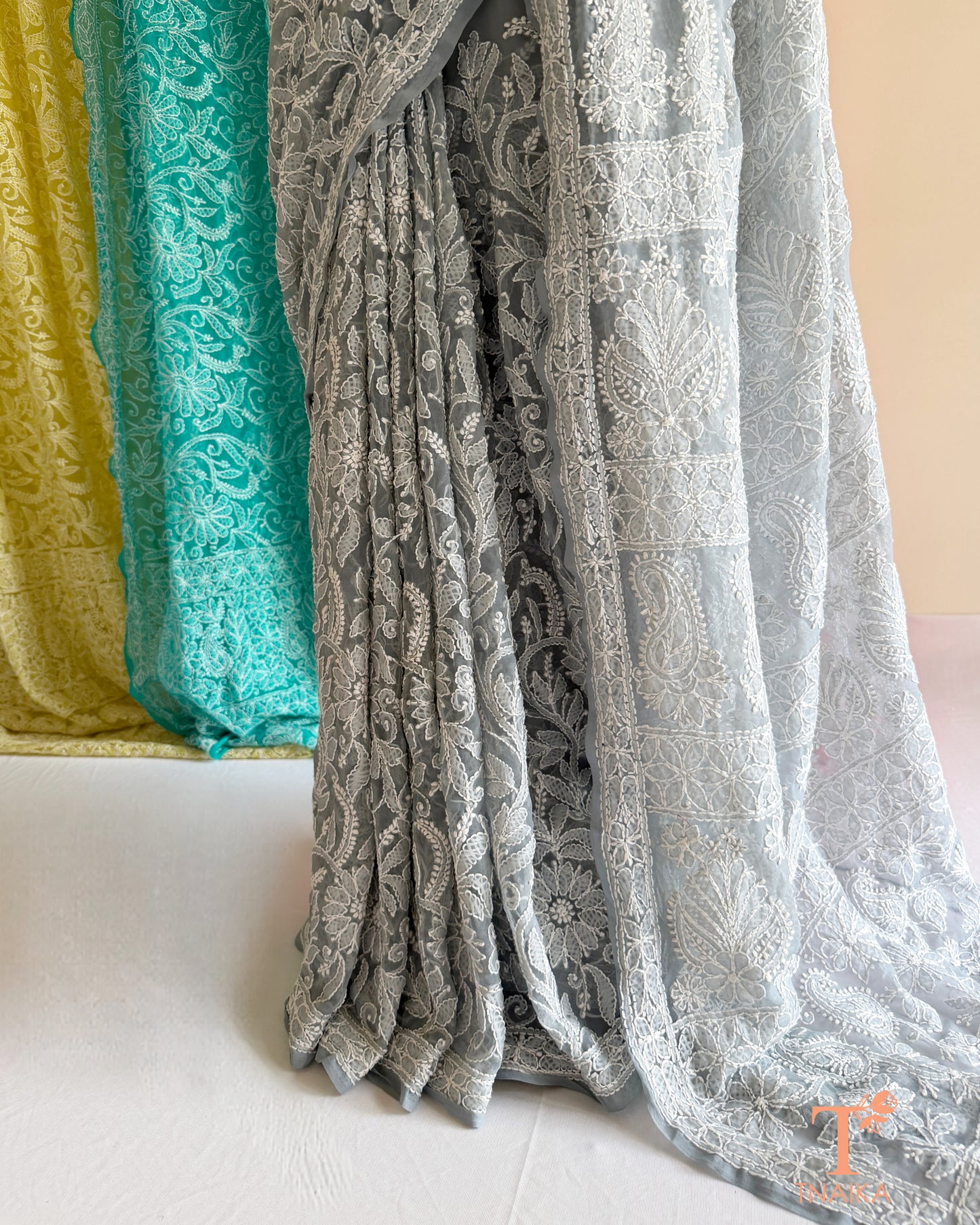 Handcrafted full jaal Lucknowi Chikankari saree for festive and ethnic wear.