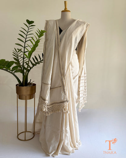 Pure Khadi cotton saree and dupatta set with handcrafted lace detailing