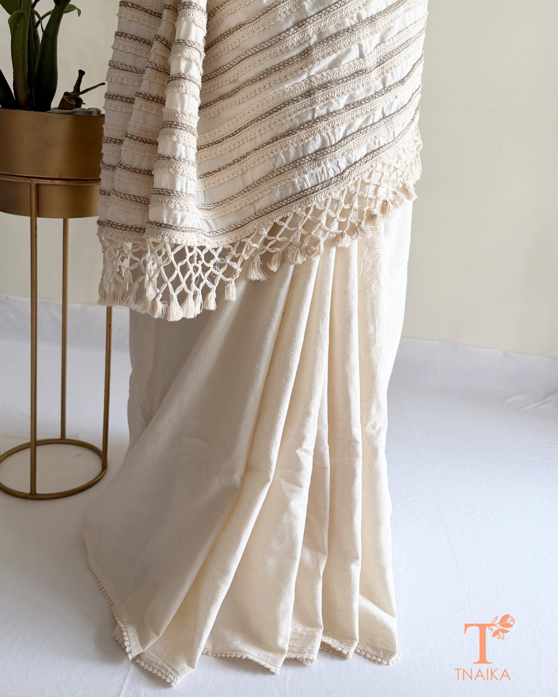 Close-up of jute lace detailing on handmade Khadi saree set