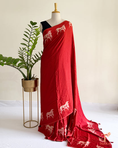 Traditional cow motif hand-blocked design on hand-dyed modal saree