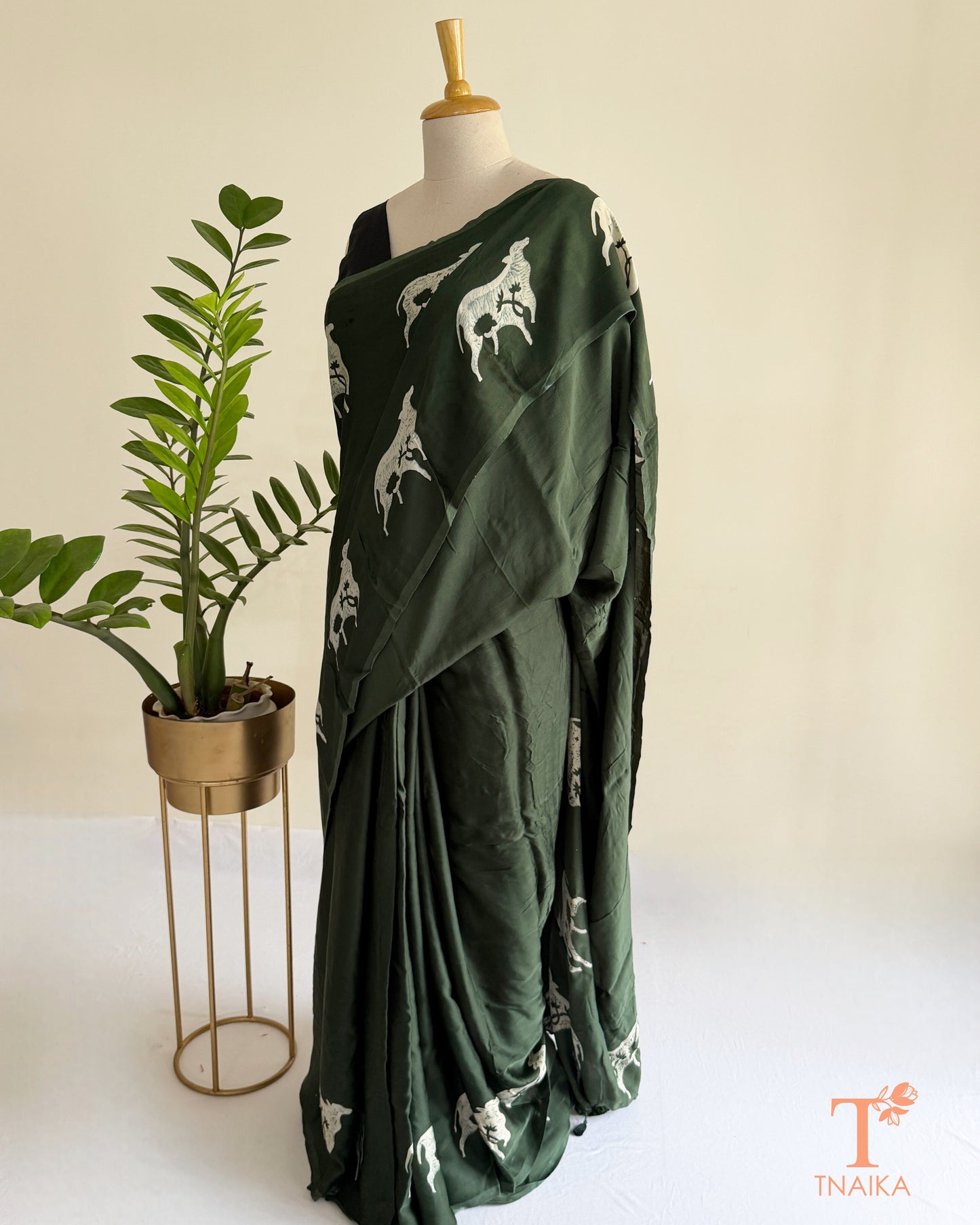 Traditional cow motif hand-blocked design on hand-dyed modal saree