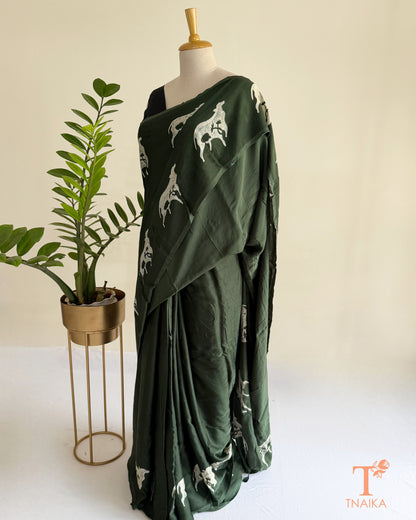 Traditional cow motif hand-blocked design on hand-dyed modal saree