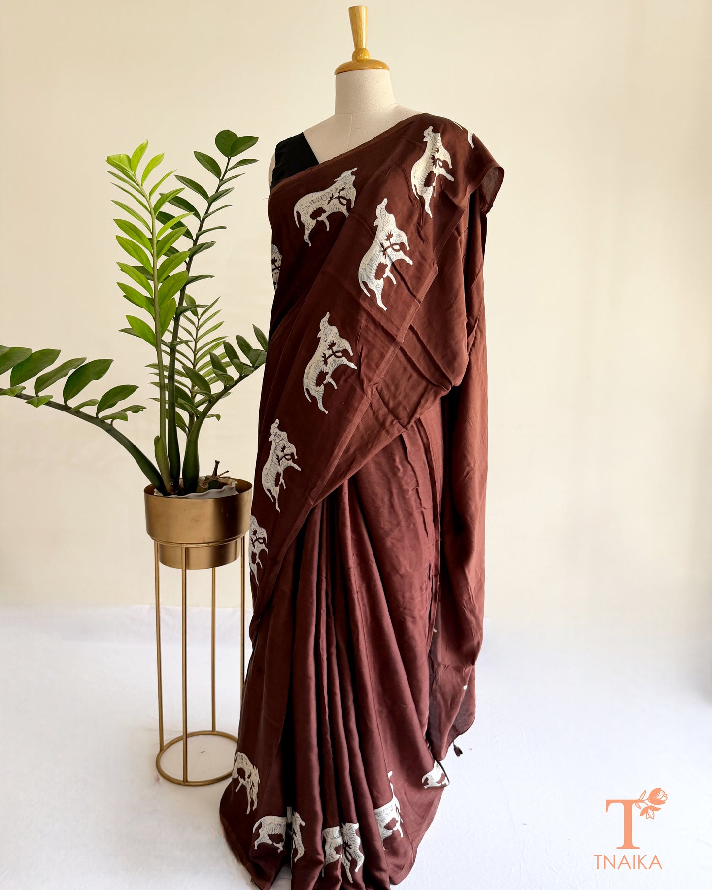 Traditional cow motif hand-blocked design on hand-dyed modal saree