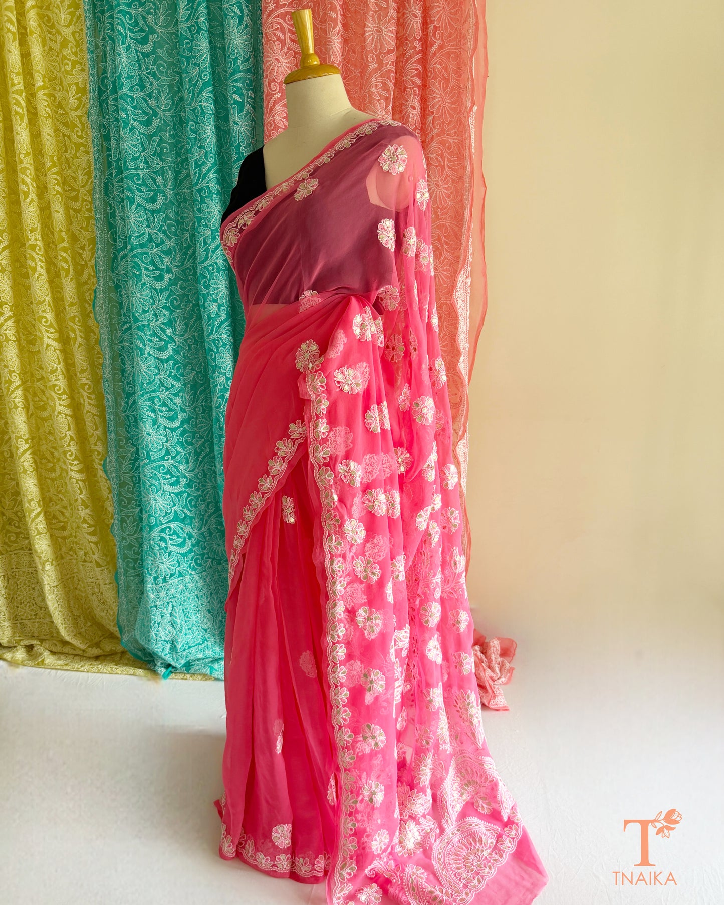 Pink Chikankari Gotta Patti chiffon saree with floral embroidery