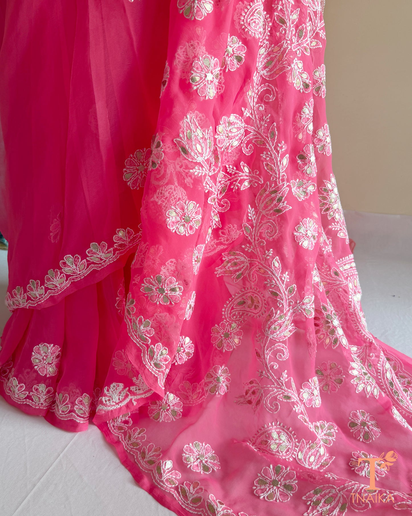 Hand-embroidered pink chiffon saree with Chikankari and Gotta Patti work