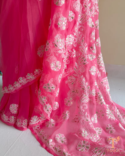 Hand-embroidered pink chiffon saree with Chikankari and Gotta Patti work