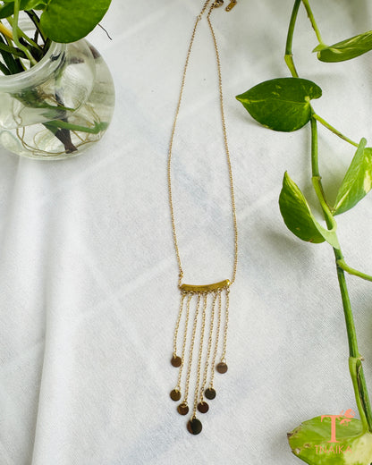Anti-tarnish layered chain necklace for women featuring a curved bar design and delicate dangling charms.