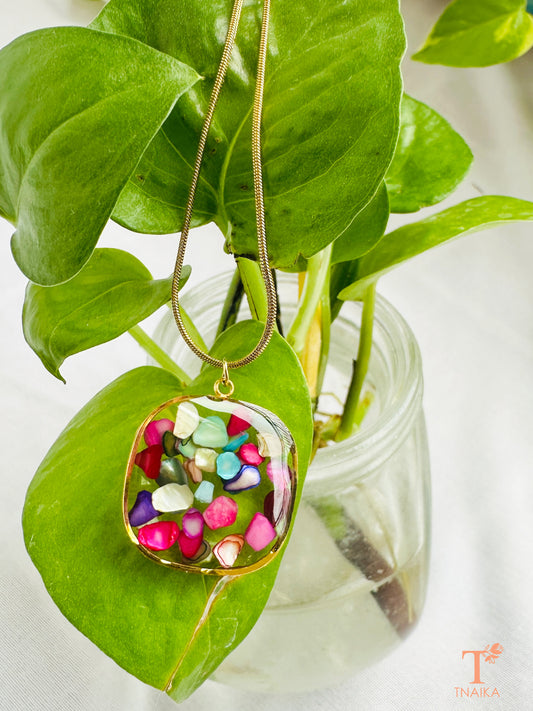 Minimal gold anti tarnish chain necklace with multicolor resin charm.