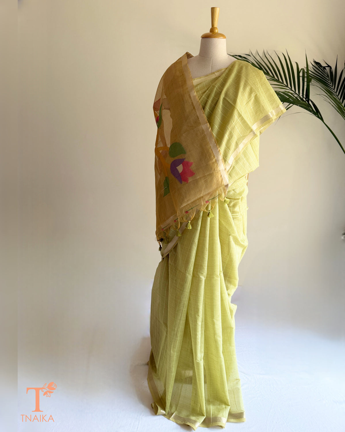 Lime green Muga-feel cotton saree with Paithani-inspired pallu