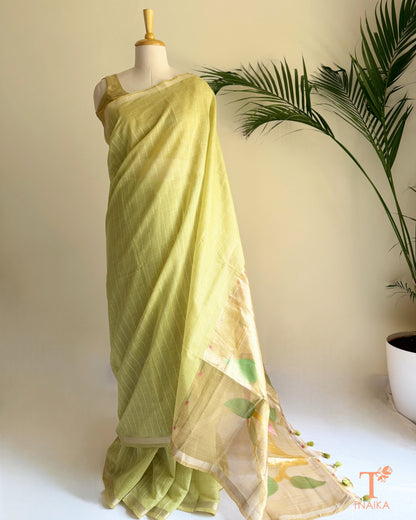 lime green cotton saree with colourful traditional-inspired pallu