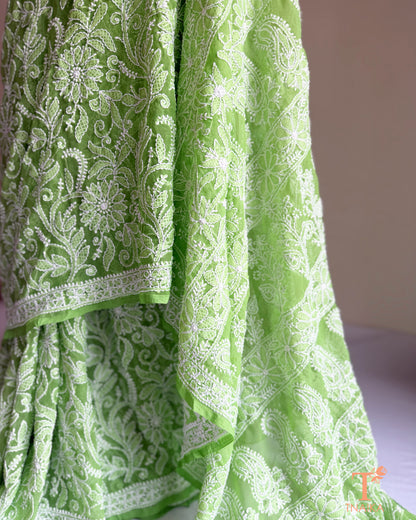 Handcrafted green chikankari saree featuring all-over full jaal embroidery