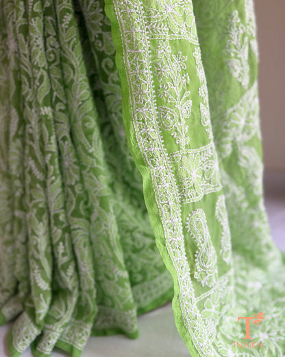 Elegant green chikankari saree with intricate all-over jaal work and floral motifs