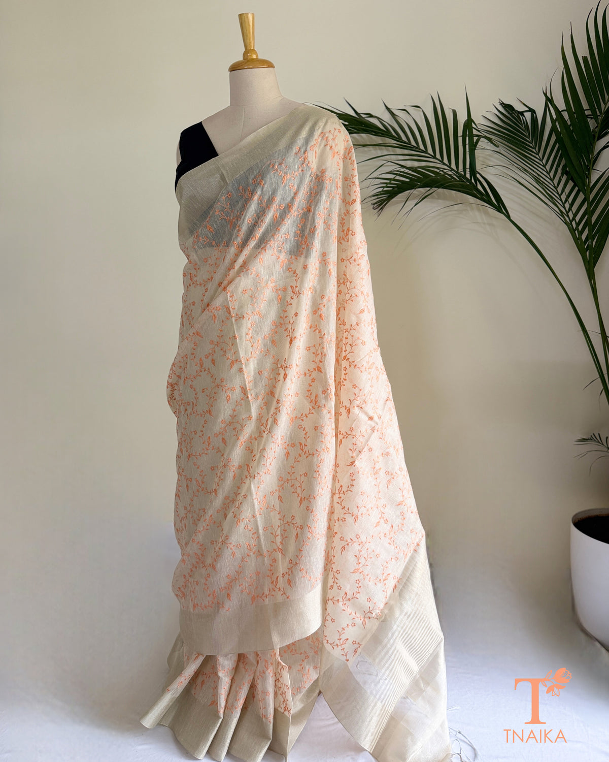 Ivory Chanderi tissue saree with delicate embroidered leaf jaal